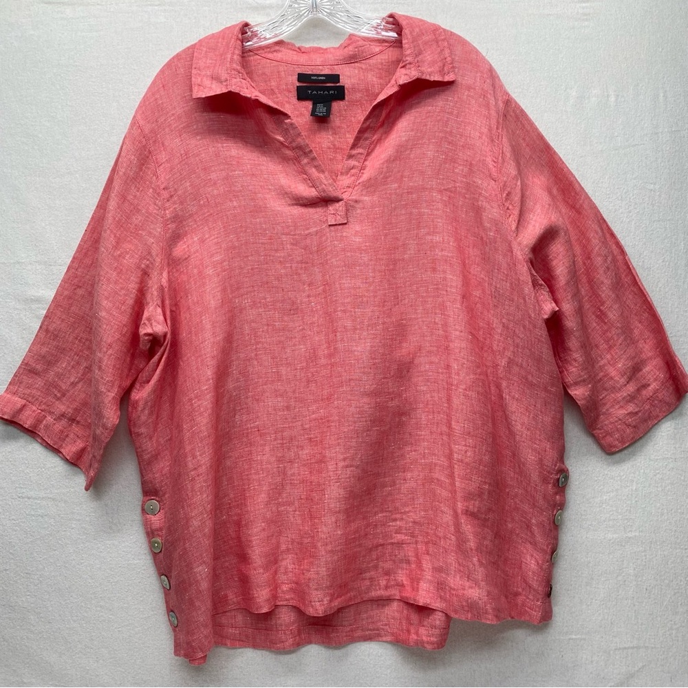 Tahari Womens 100% Linen Blouse Top Size 2X Split Neck Red 3/4 Sleeve Business